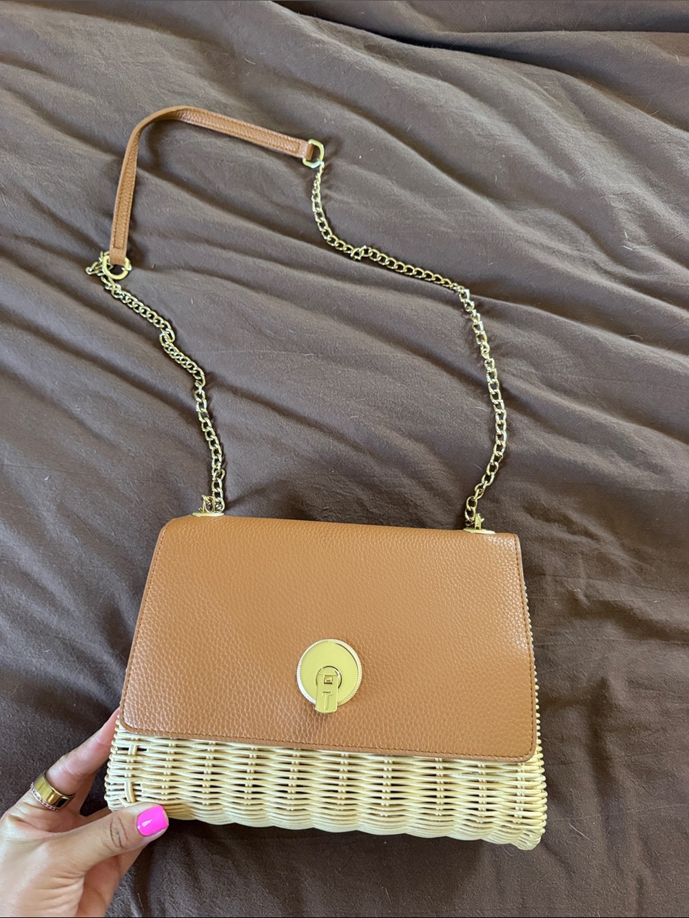 Ted Baker Leather & Wicker Crossbody Bag in Brown and Cream